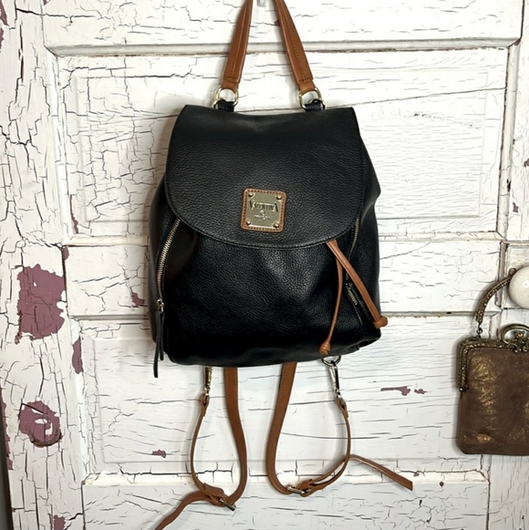 Valentina Handbags - Valentina Black Backpack Bag Pebble Lether Tan Straps NEW 🤎 Retail $349-